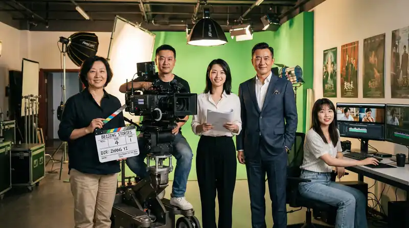 51视频专业影视制作团队在现代化摄影棚中合影，展示导演、摄影师、编剧、制片人和剪辑师