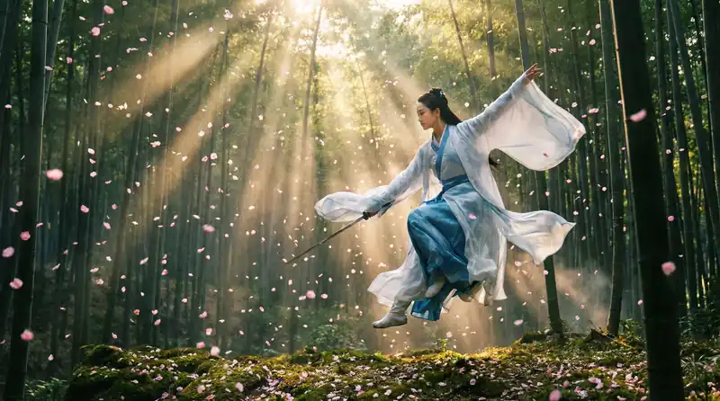 51视频精彩影片预告片画面，竹林中女侠飞身舞剑